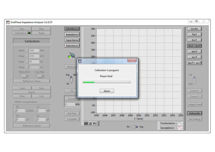 Screenshot of a short open load calibration for SinePhase LCR Meter and Impedance Analyzer